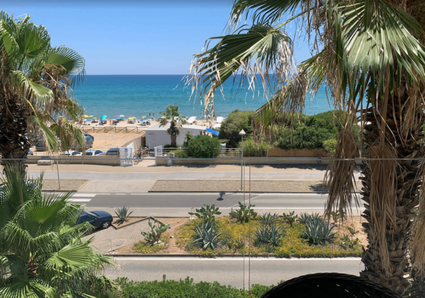 Vista mare dall'hotel tra palme e giardino