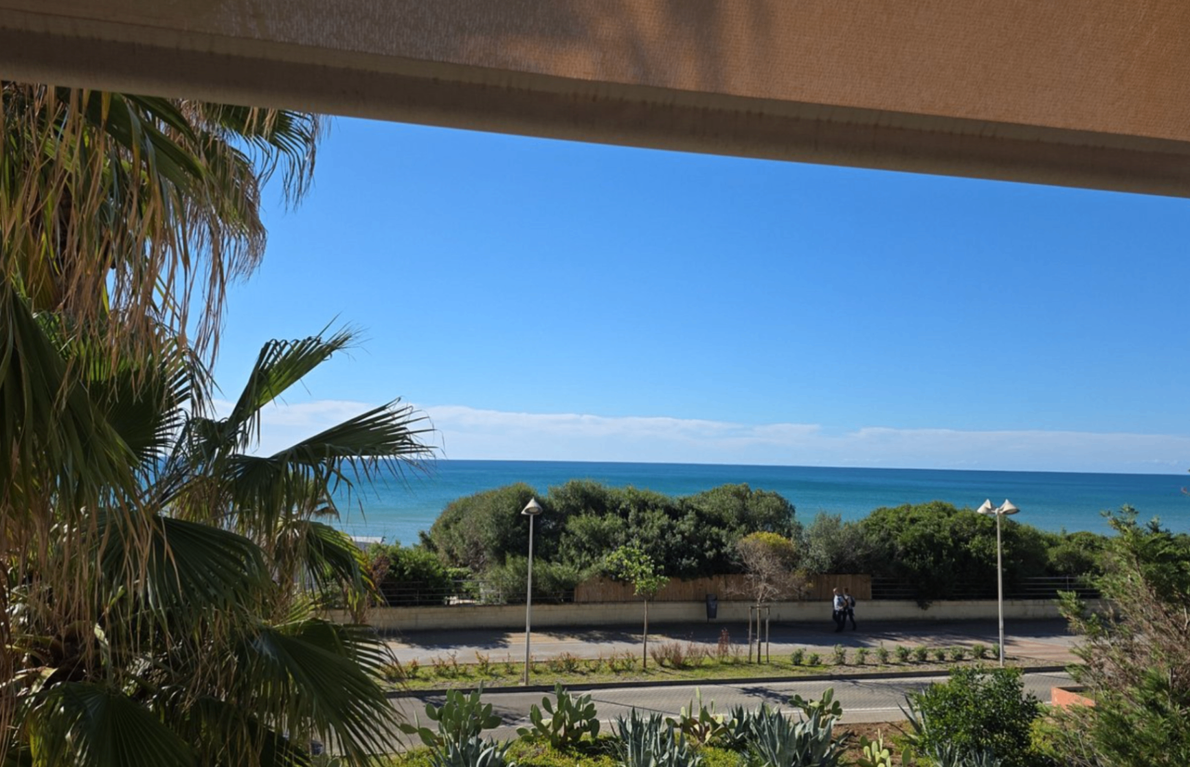 Vista sul mare dal balcone tra palme e giardino